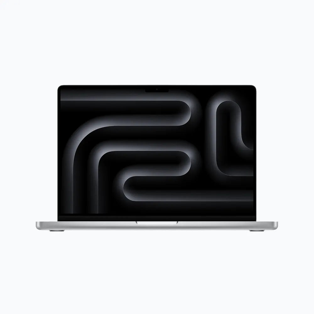 Laptop with a black screen displaying abstract white lines on a white background