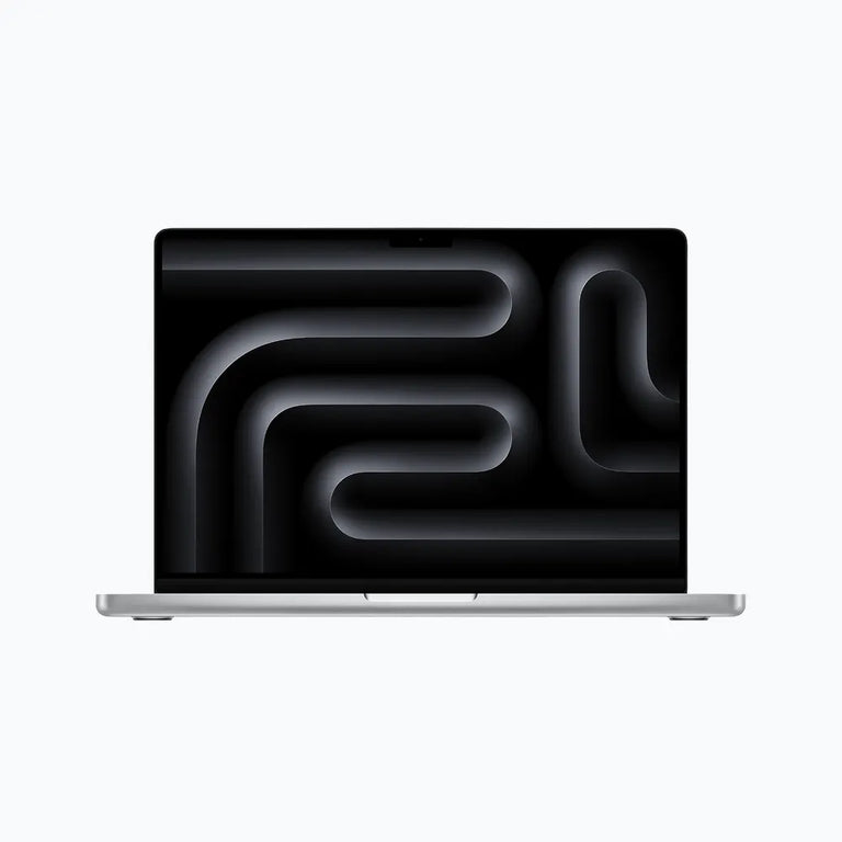 Laptop with a black screen displaying abstract white lines on a white background